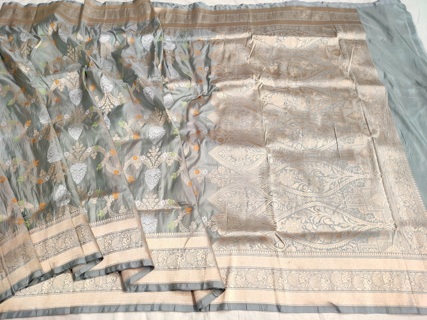 Silver Mist Handwoven Banarasi Pure Katan Silk Meenakari Saree