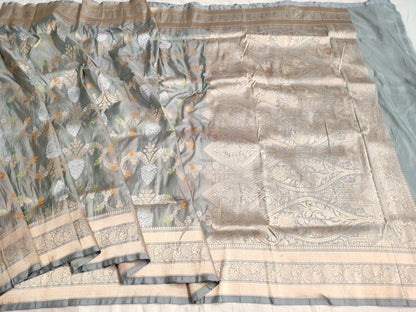 Silver Mist Handwoven Banarasi Pure Katan Silk Meenakari Saree