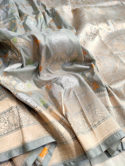 Silver Mist Handwoven Banarasi Pure Katan Silk Meenakari Saree