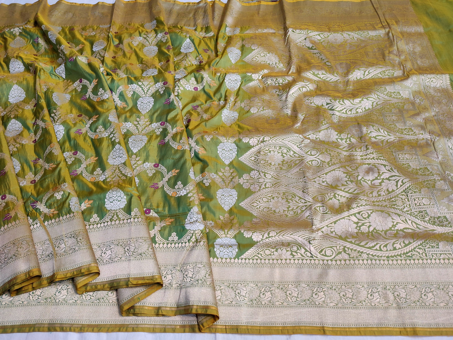 Olive Handwoven Banarasi Pure Katan Silk Meenakari Saree