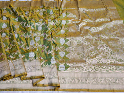 Olive Handwoven Banarasi Pure Katan Silk Meenakari Saree