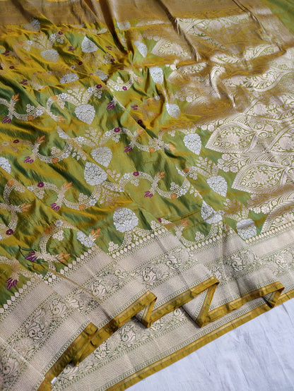 Olive Handwoven Banarasi Pure Katan Silk Meenakari Saree