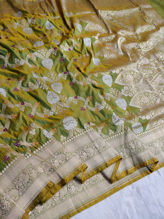 Olive Handwoven Banarasi Pure Katan Silk Meenakari Saree