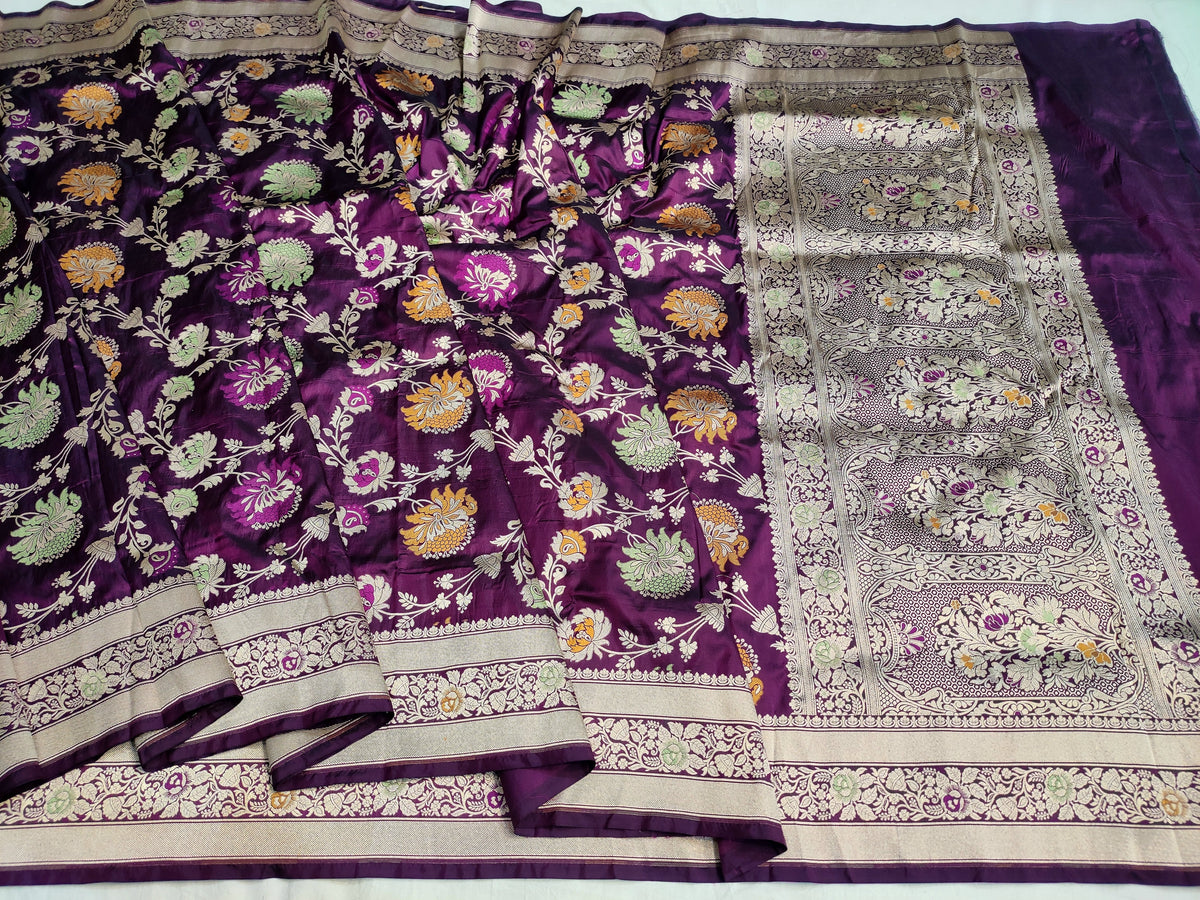 Deep Purple Handwoven Banarasi Pure Katan Silk Meenakari Saree