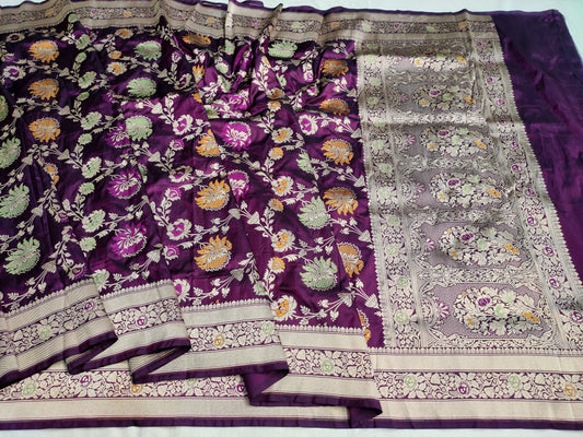 Deep Purple Handwoven Banarasi Pure Katan Silk Meenakari Saree