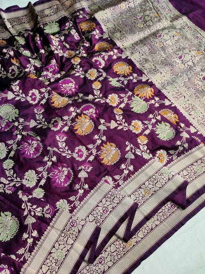 Deep Purple Handwoven Banarasi Pure Katan Silk Meenakari Saree
