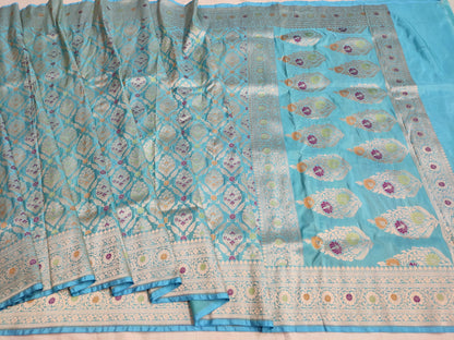 Handwoven Turquoise Blue Pure Katan Silk Meenakari Saree