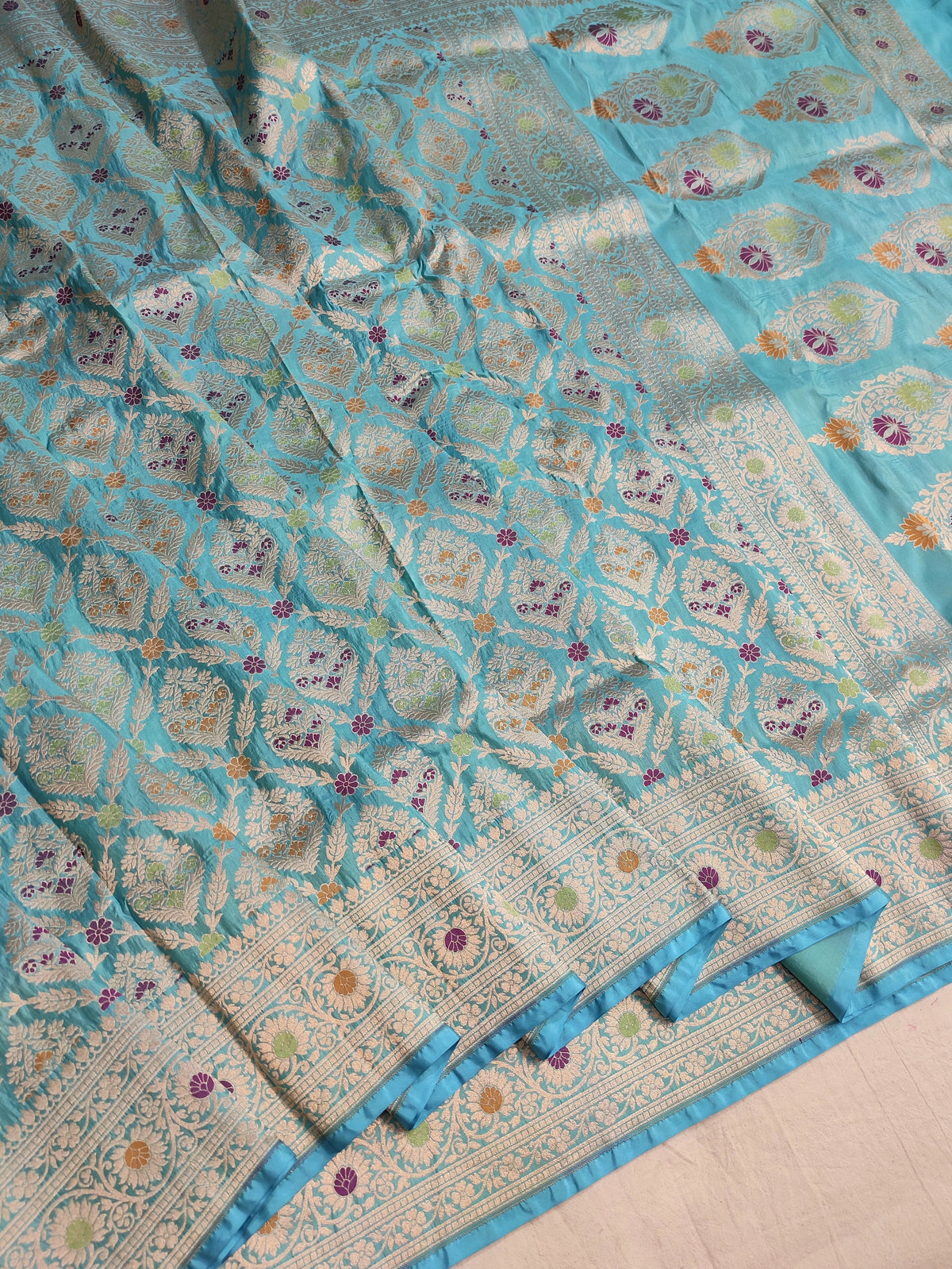 Handwoven Turquoise Blue Pure Katan Silk Meenakari Saree