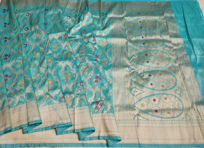 Handwoven Turquoise Blue Pure Katan Silk Meenakari Saree