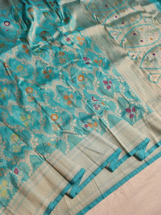 Handwoven Turquoise Blue Pure Katan Silk Meenakari Saree