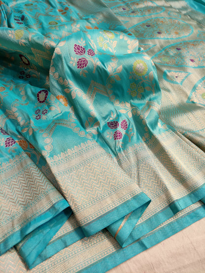 Handwoven Turquoise Blue Pure Katan Silk Meenakari Saree