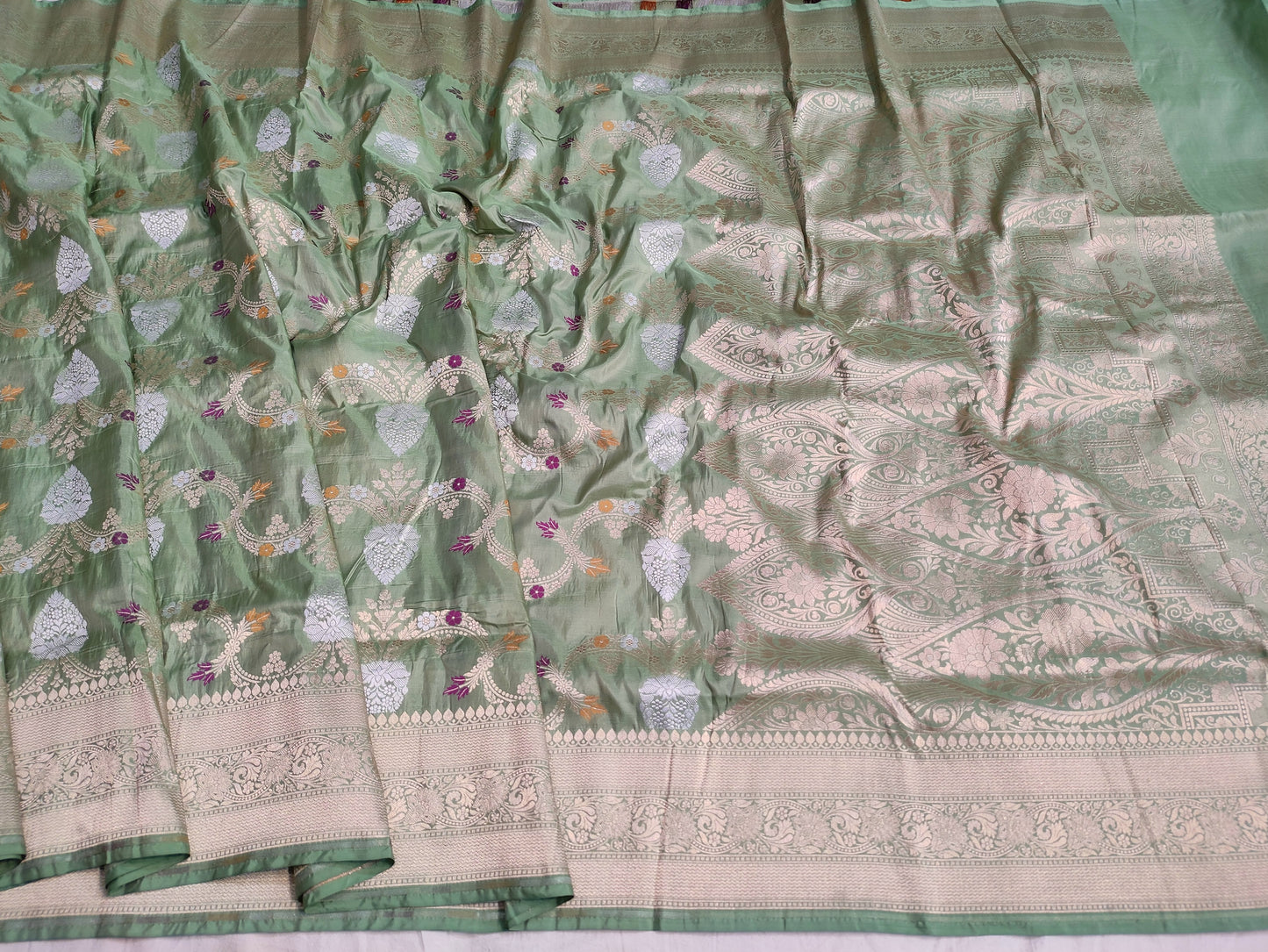 Handwoven Pista Green Pure Katan Silk Sona Rupa Meenakari Saree