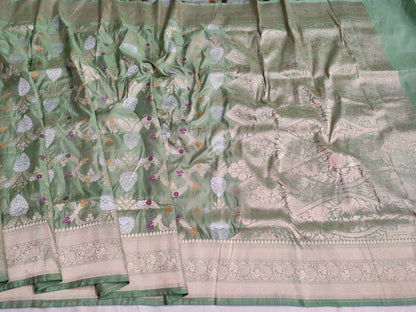 Handwoven Pista Green Pure Katan Silk Sona Rupa Meenakari Saree