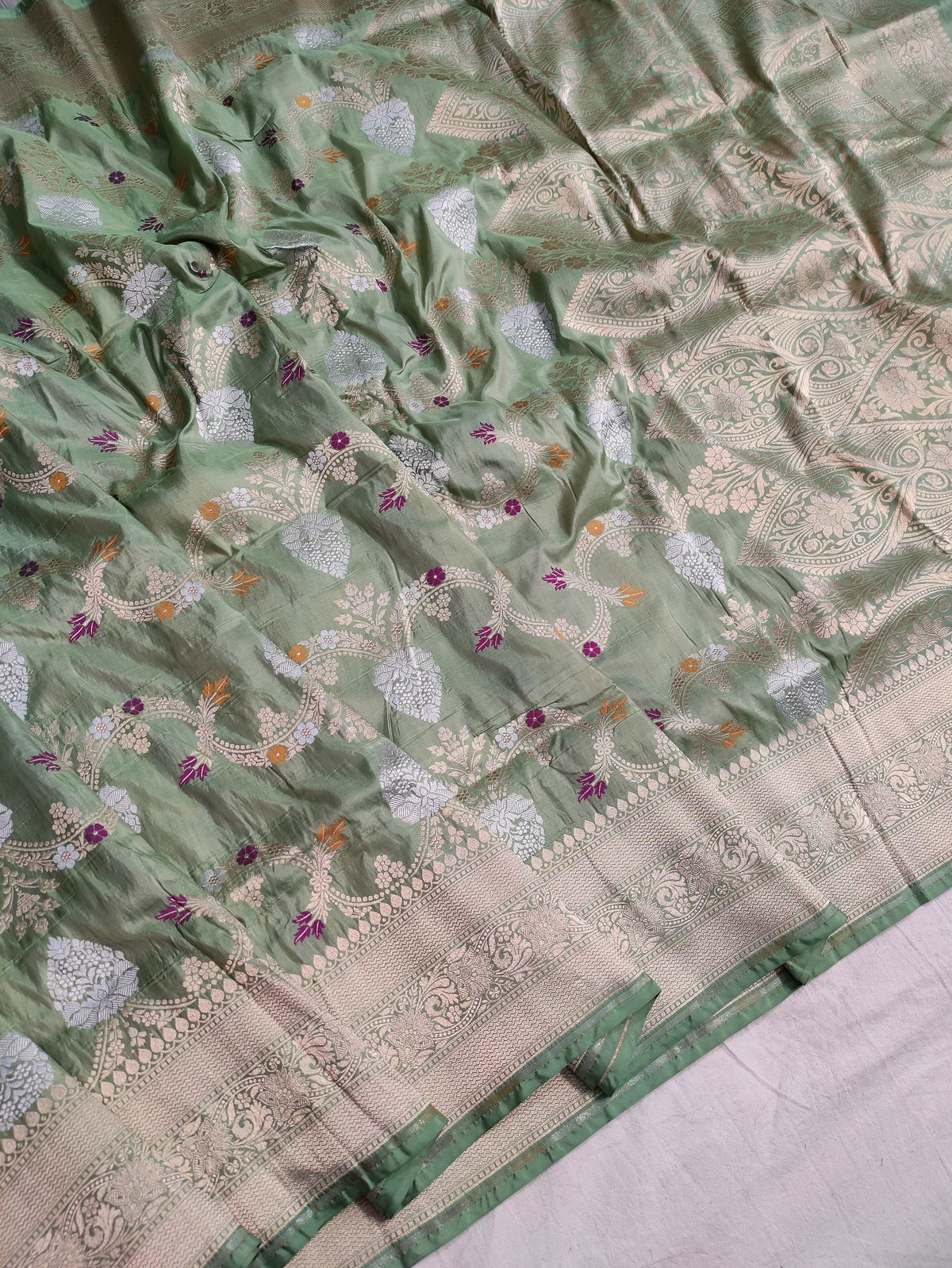 Handwoven Pista Green Pure Katan Silk Sona Rupa Meenakari Saree