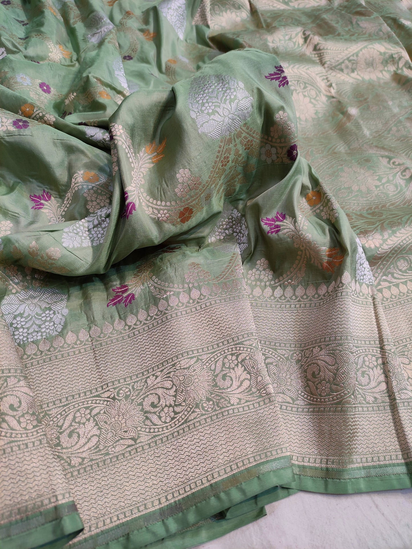 Handwoven Pista Green Pure Katan Silk Sona Rupa Meenakari Saree