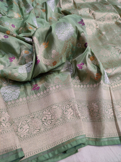 Handwoven Pista Green Pure Katan Silk Sona Rupa Meenakari Saree