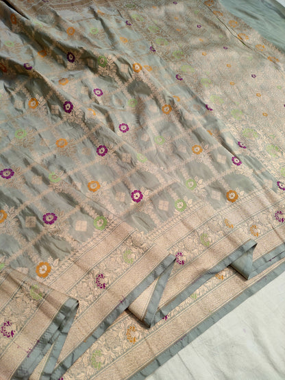 Handwoven Grey Pure Katan Silk Sona Rupa Meenakari Saree