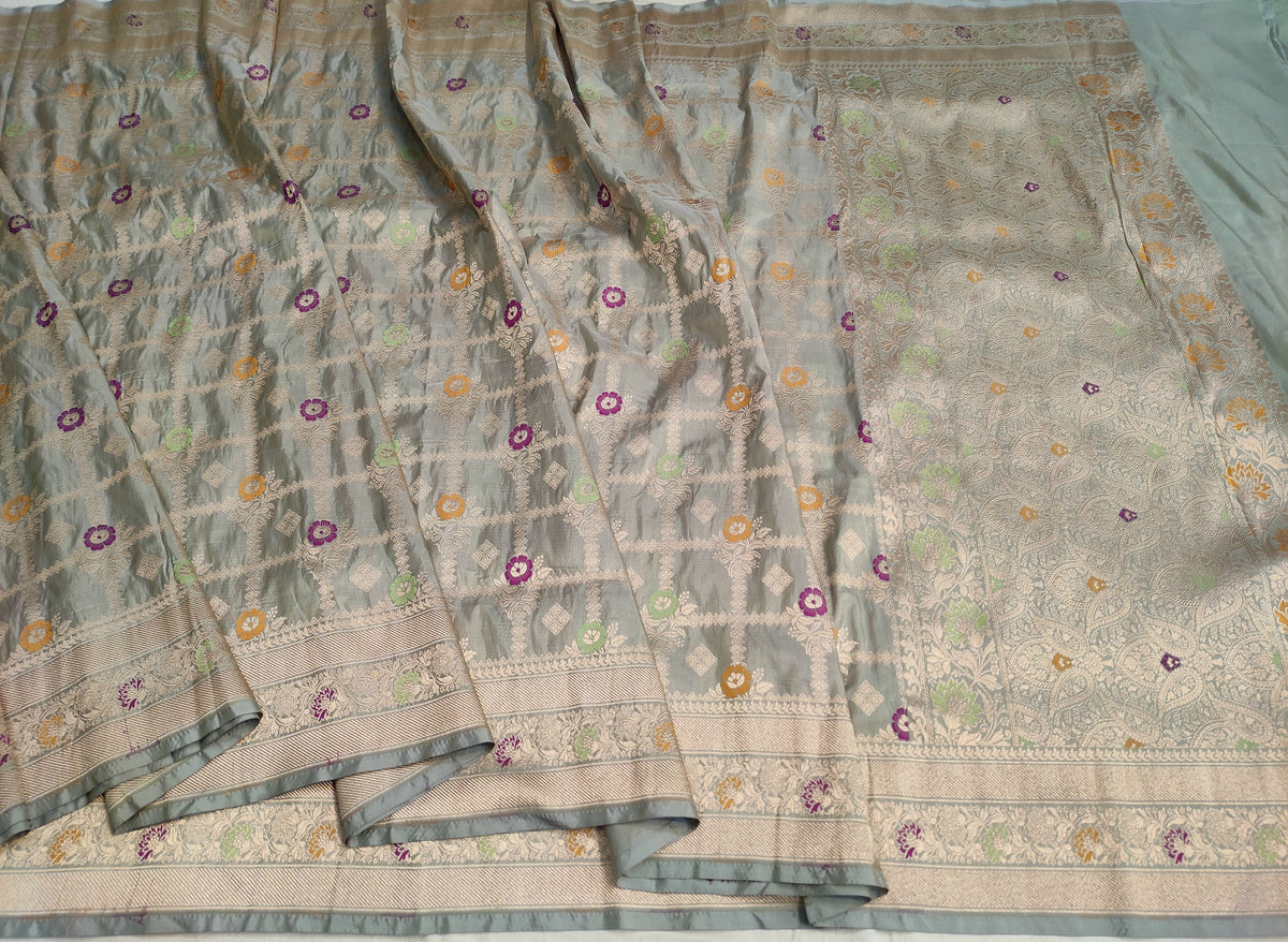 Handwoven Grey Pure Katan Silk Sona Rupa Meenakari Saree
