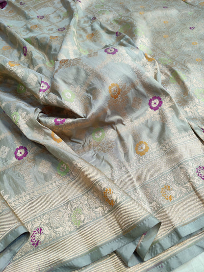 Handwoven Grey Pure Katan Silk Sona Rupa Meenakari Saree