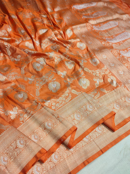 Rust Orange Handwoven Banarasi Pure Katan Silk Meenakari Saree