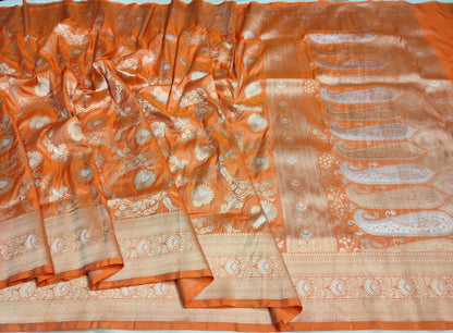 Rust Orange Handwoven Banarasi Pure Katan Silk Meenakari Saree