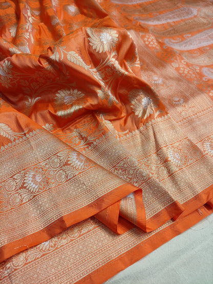 Rust Orange Handwoven Banarasi Pure Katan Silk Meenakari Saree