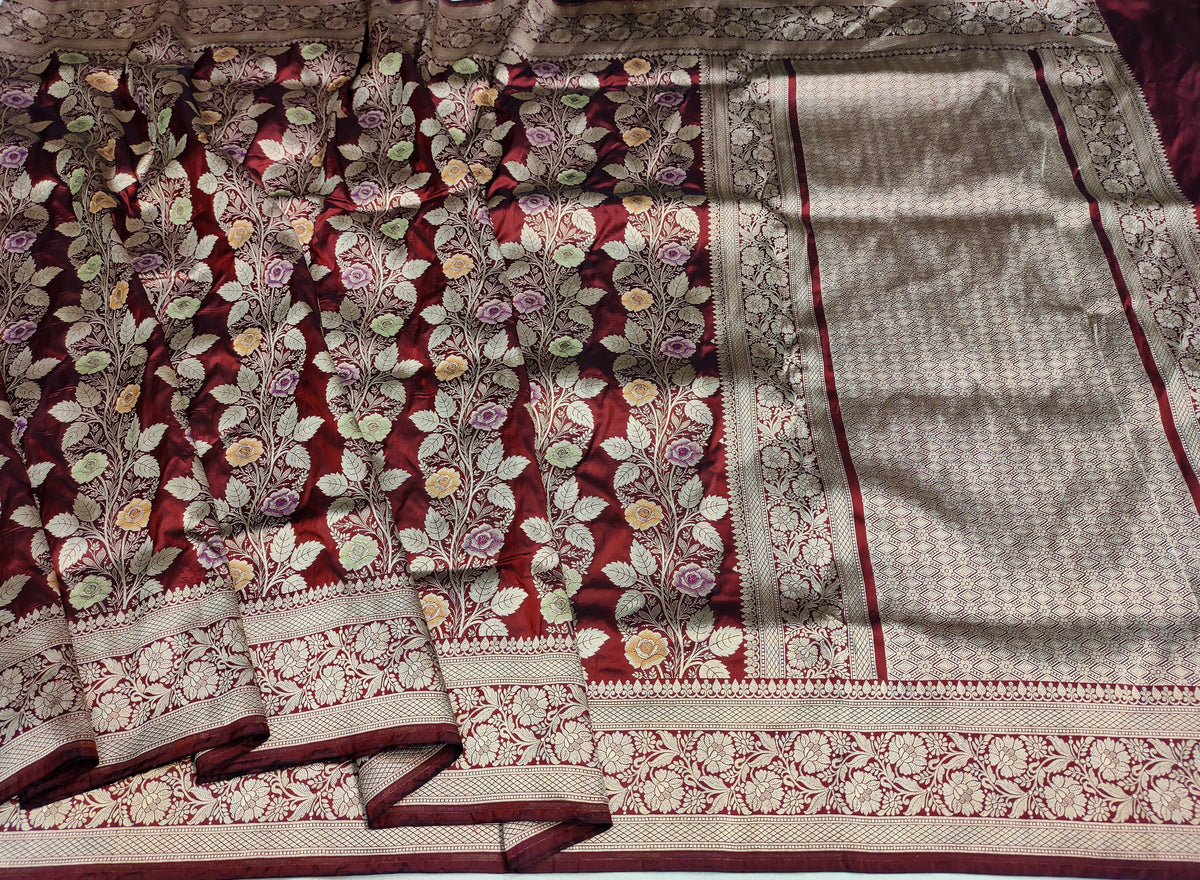 Handwoven Banarasi Pure Katan Silk Floral Meenakari Jangla Saree