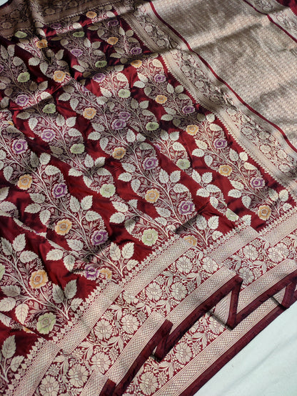 Handwoven Banarasi Pure Katan Silk Floral Meenakari Jangla Saree