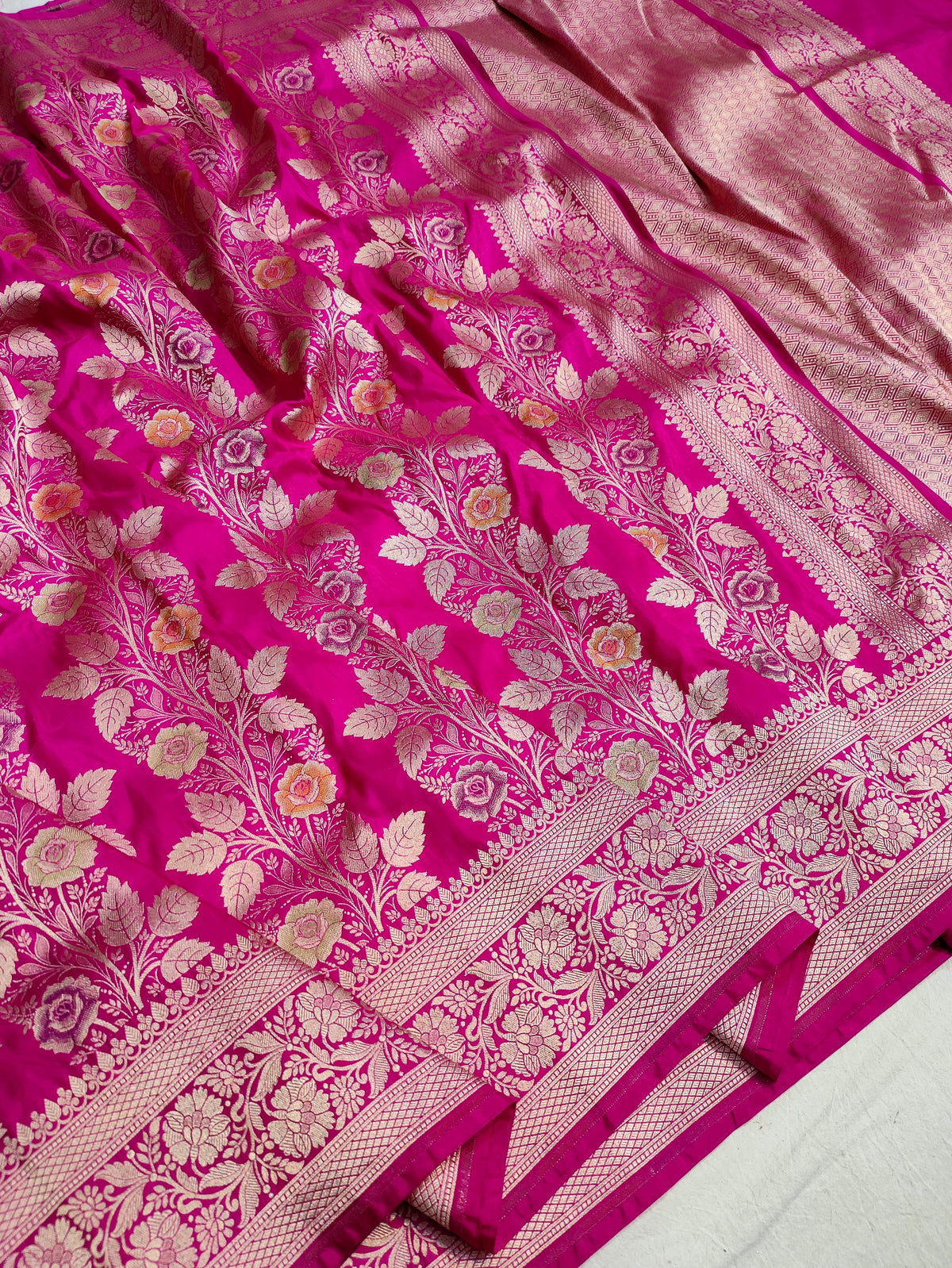 Rani Pink Handwoven Banarasi Pure Katan Silk Floral Meenakari Jangla Saree