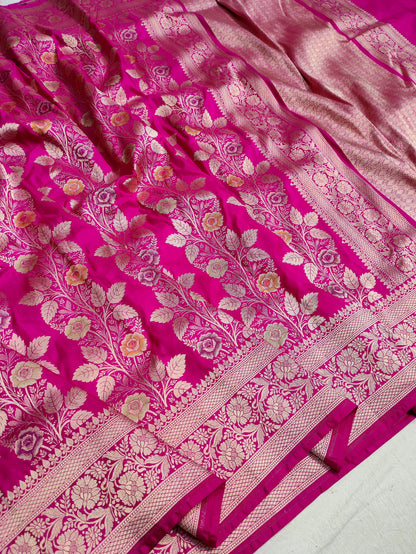 Rani Pink Handwoven Banarasi Pure Katan Silk Floral Meenakari Jangla Saree