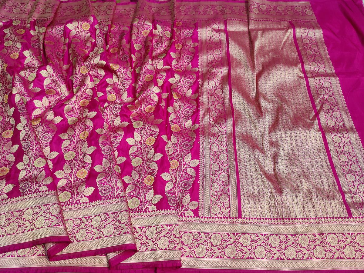 Rani Pink Handwoven Banarasi Pure Katan Silk Floral Meenakari Jangla Saree