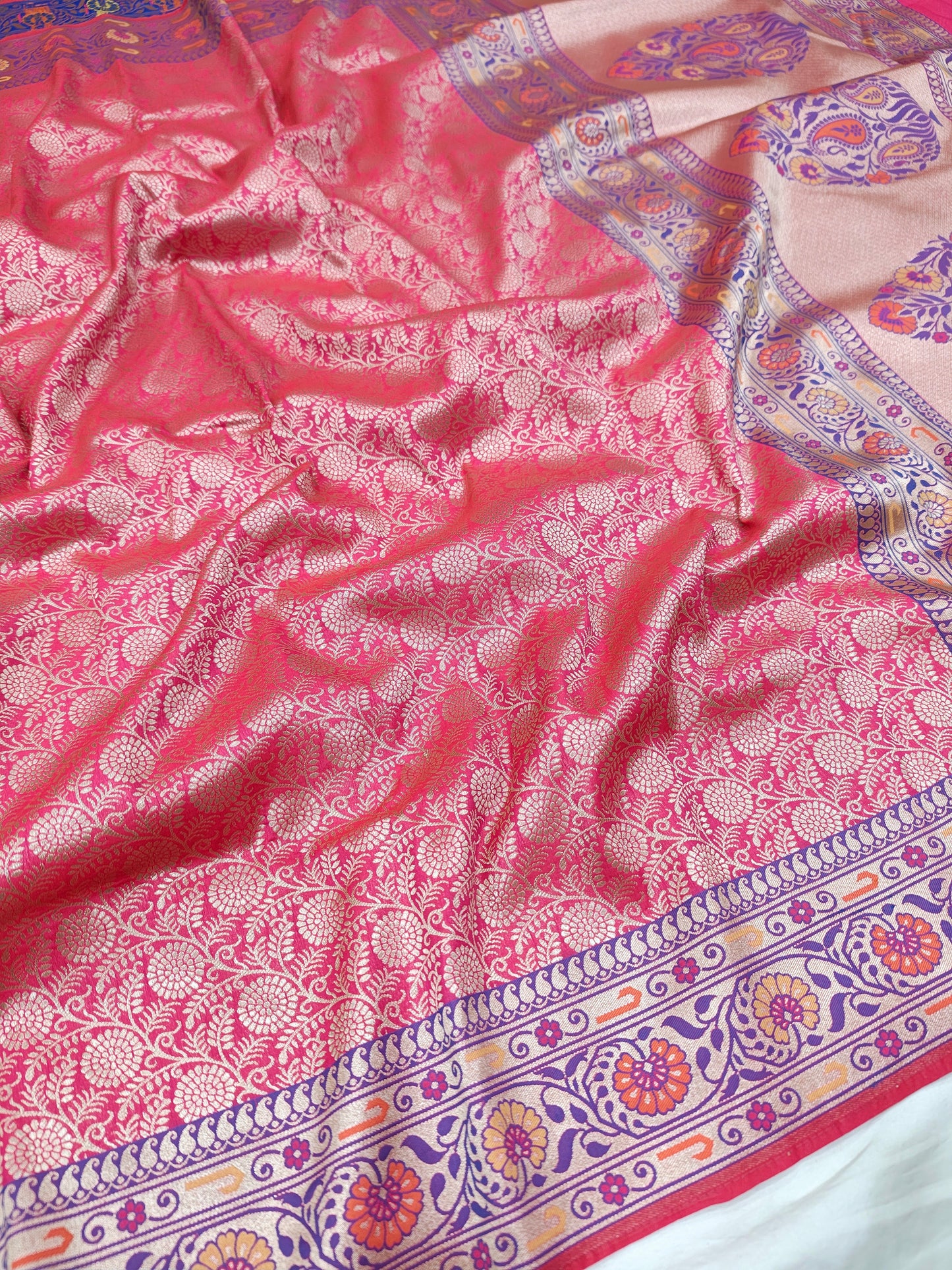 Strawberry Pink Semi katan Banarasi Saree