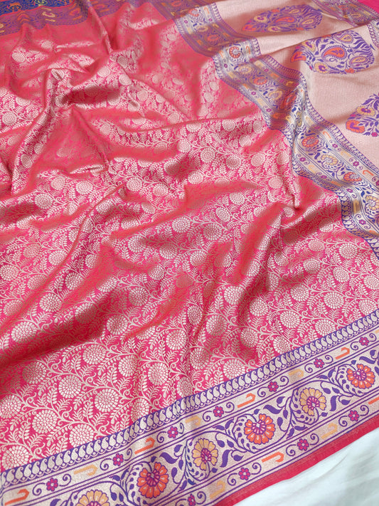 Strawberry Pink Semi katan Banarasi Saree