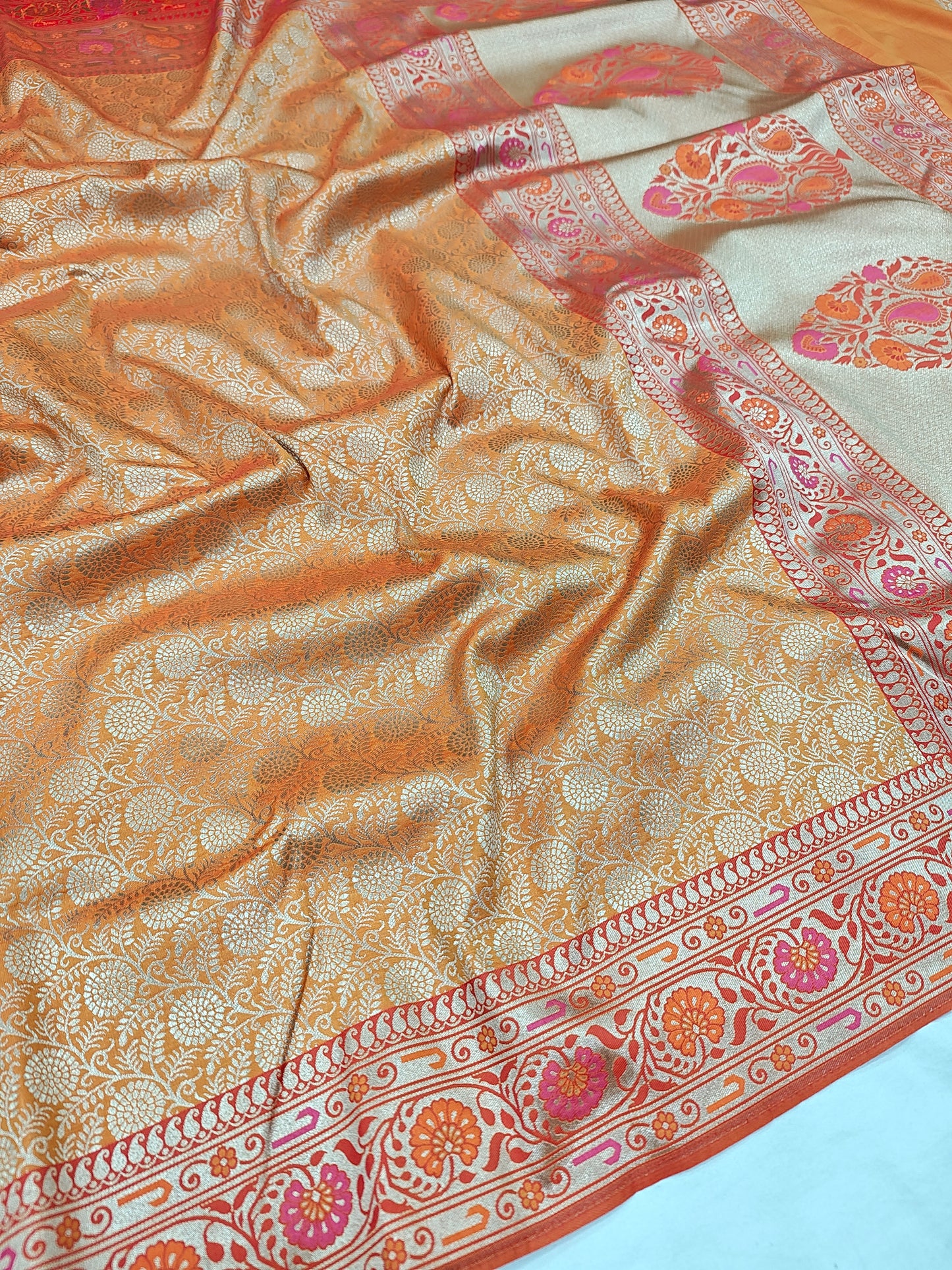Orange Semi katan Banarasi Saree