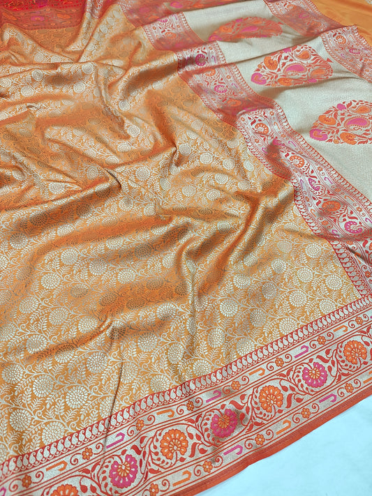 Orange Semi katan Banarasi Saree