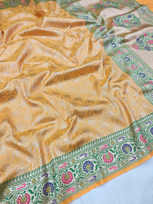 Yellow Gold Semi katan Banarasi Saree