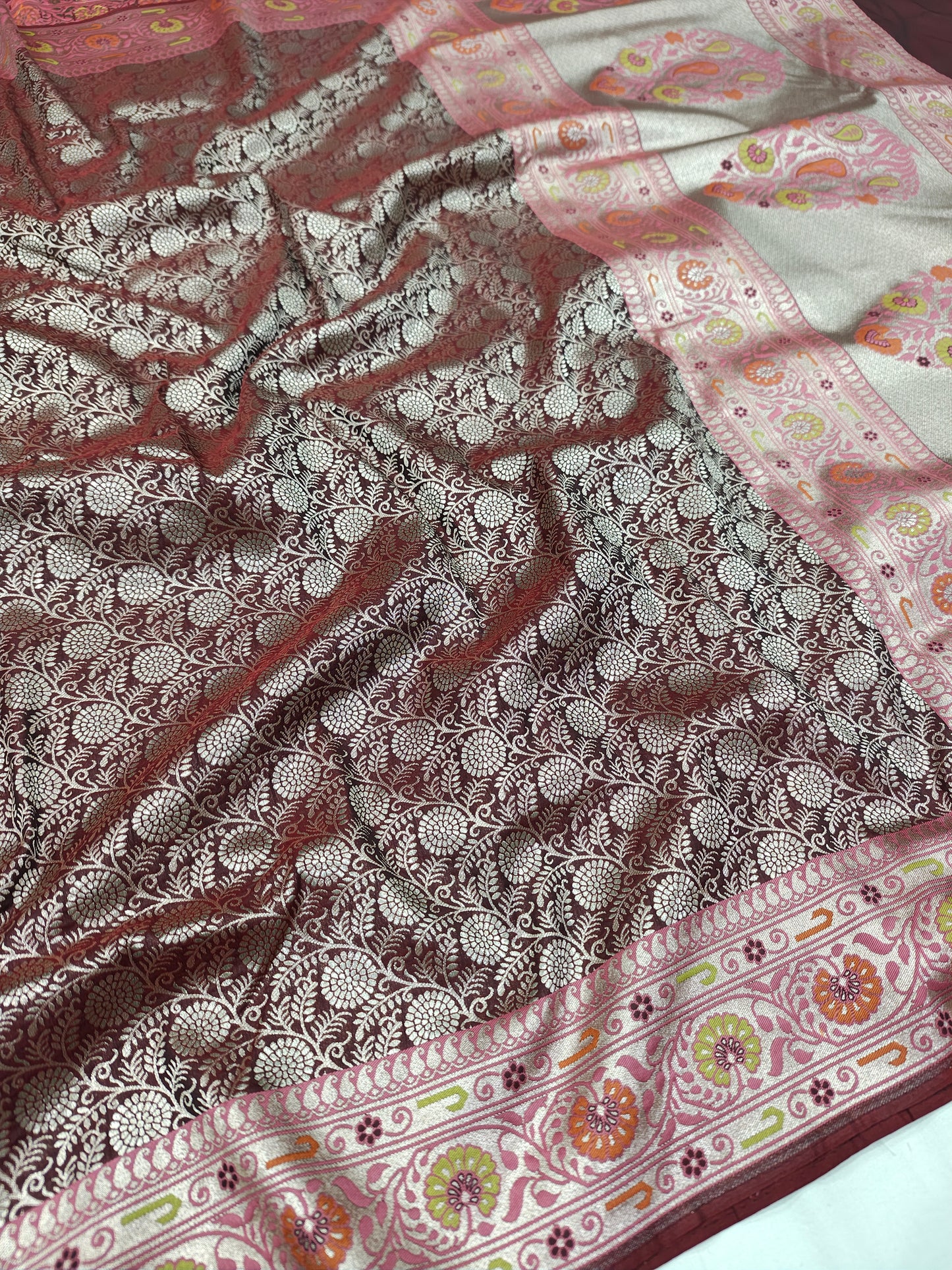 Maroon Wine Semi katan Banarasi Saree