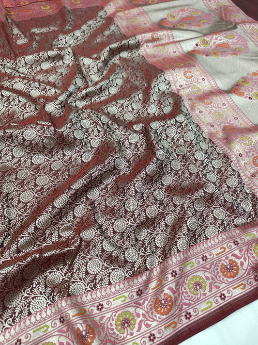 Maroon Wine Semi katan Banarasi Saree