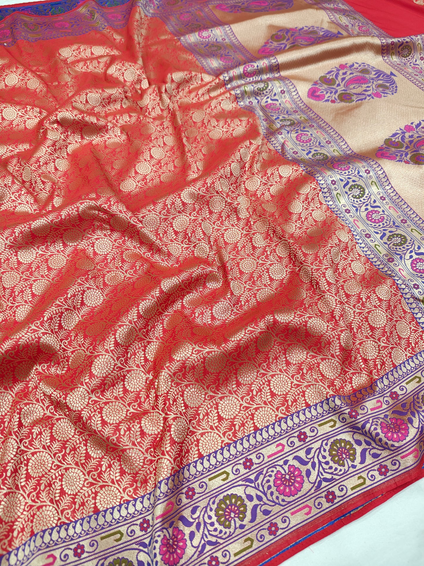 Red Semi katan Banarasi Saree