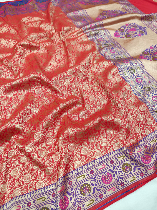 Red Semi katan Banarasi Saree