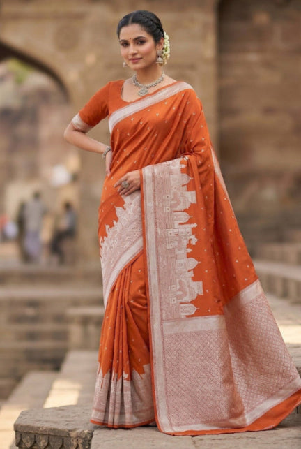 Banarasi Ganga Ghat Rust Orange Mashru Silk Saree