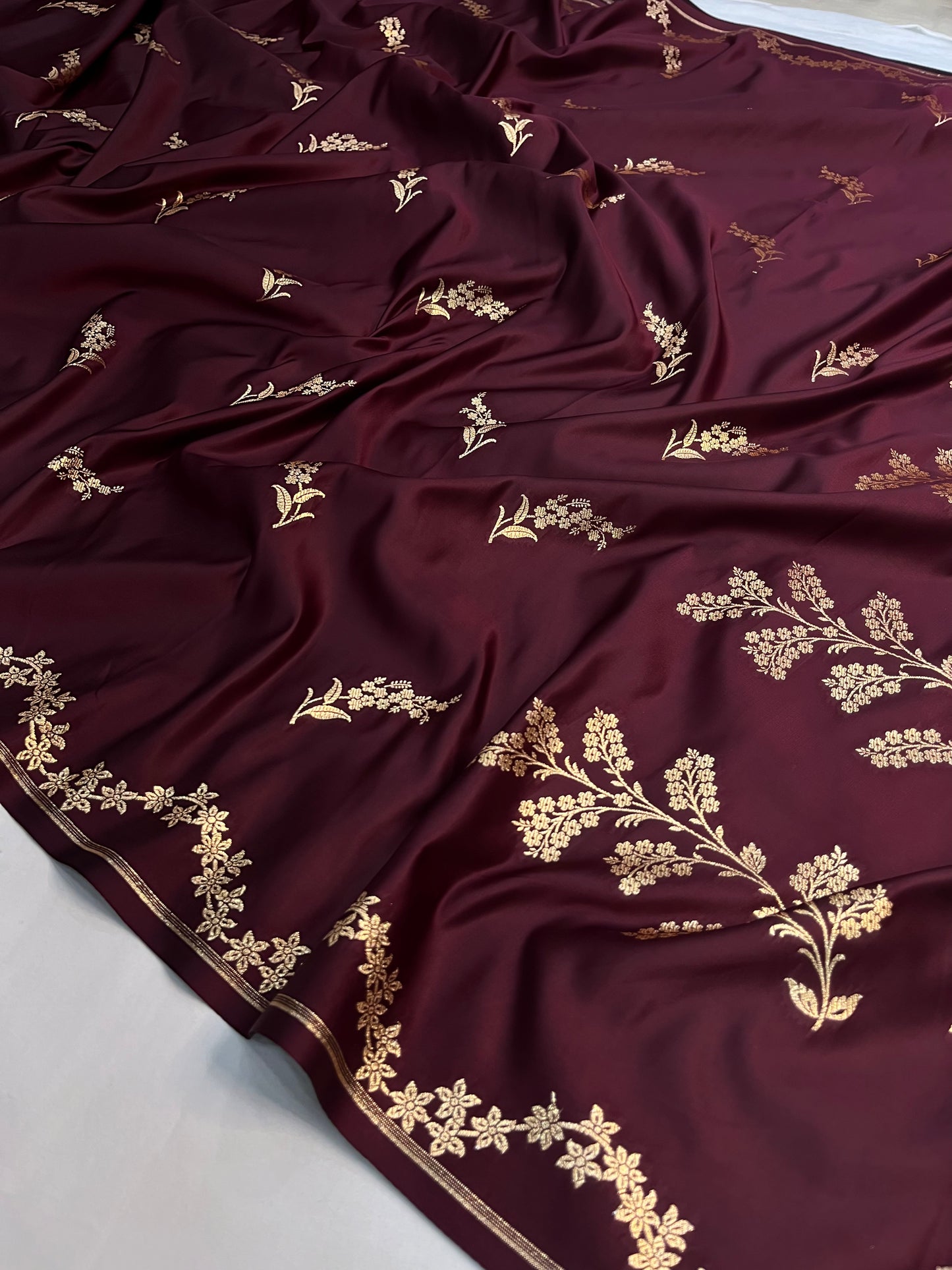 Banarasi Satin Katan Saree With Designer Boota in Garnet Shade