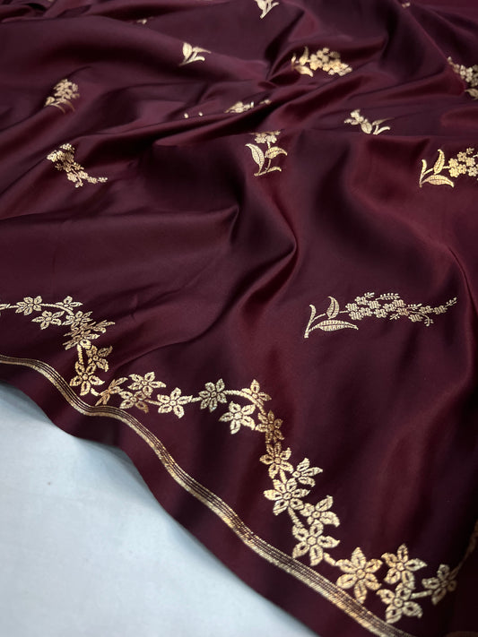 Banarasi Satin Katan Saree With Designer Boota in Garnet Shade