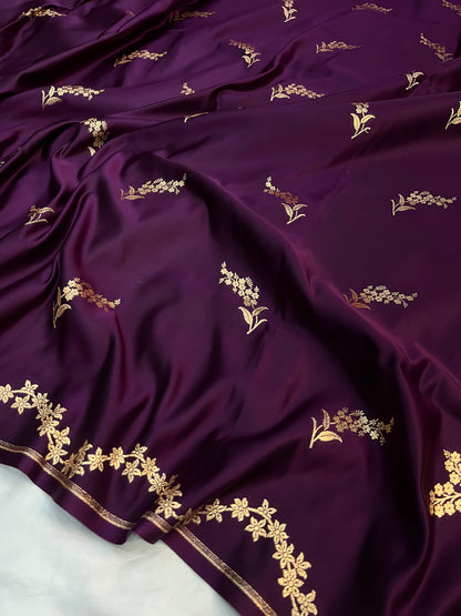 Banarasi Satin Katan Saree With Designer Boota in Cross Wine Shade