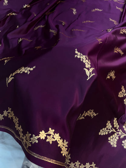 Banarasi Satin Katan Saree With Designer Boota in Cross Wine Shade
