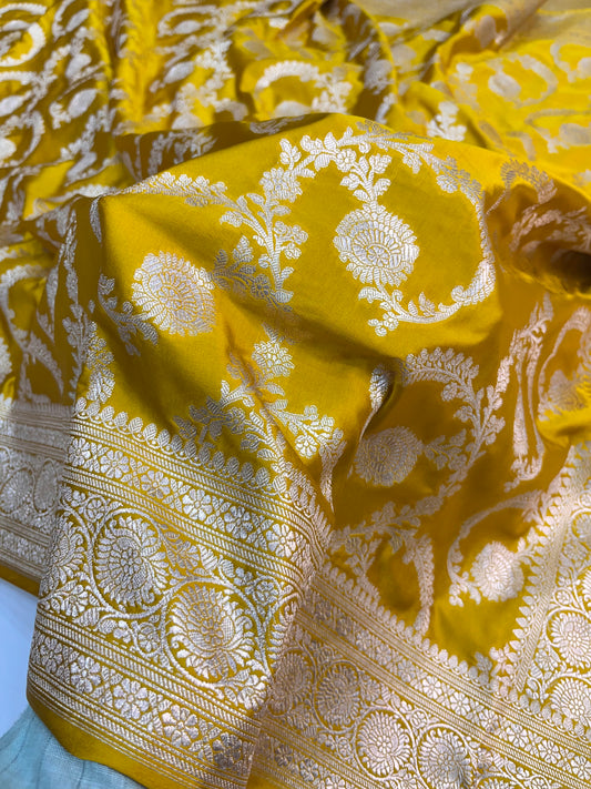Yellow ( Sona Gold )Floral Jaal Mashru Silk Saree