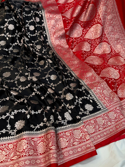 Black Red Banarasi Mashru Silk Saree