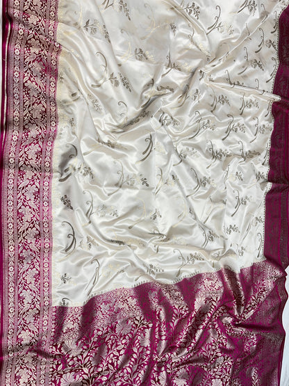 White with Pink pallu boder Mashru Silk Saree