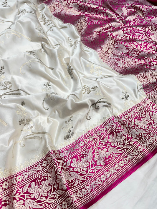 White with Pink pallu boder Mashru Silk Saree