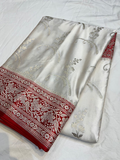 White With Red Anchal Boder Mashru Silk Saree